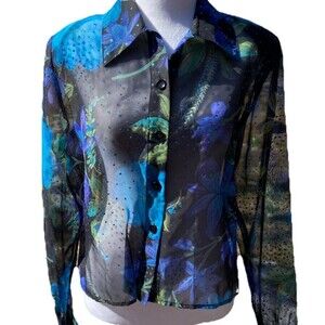 Vintage 70s 80s Semi Sheer Black Office Medium Blouse Blue Glitter Floral Shirt